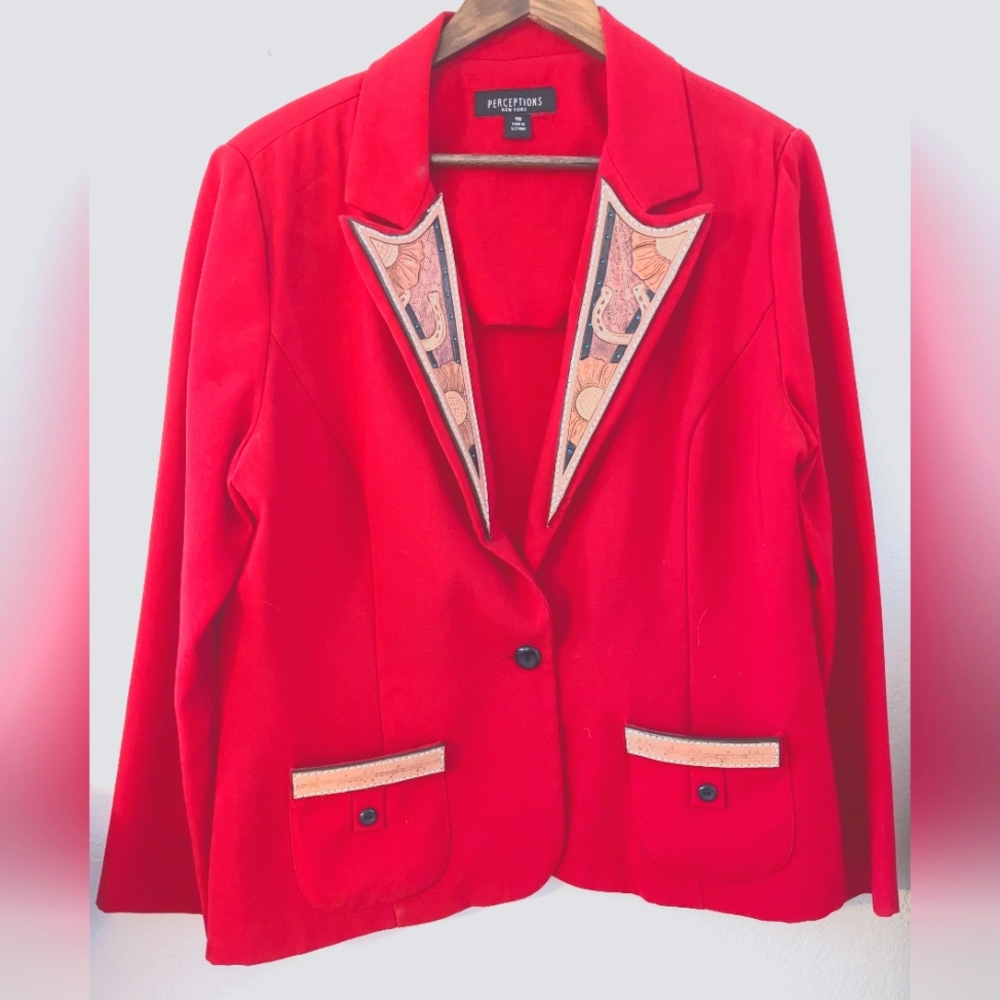 Red blazer suit jacket with hand tooled leather accents 18